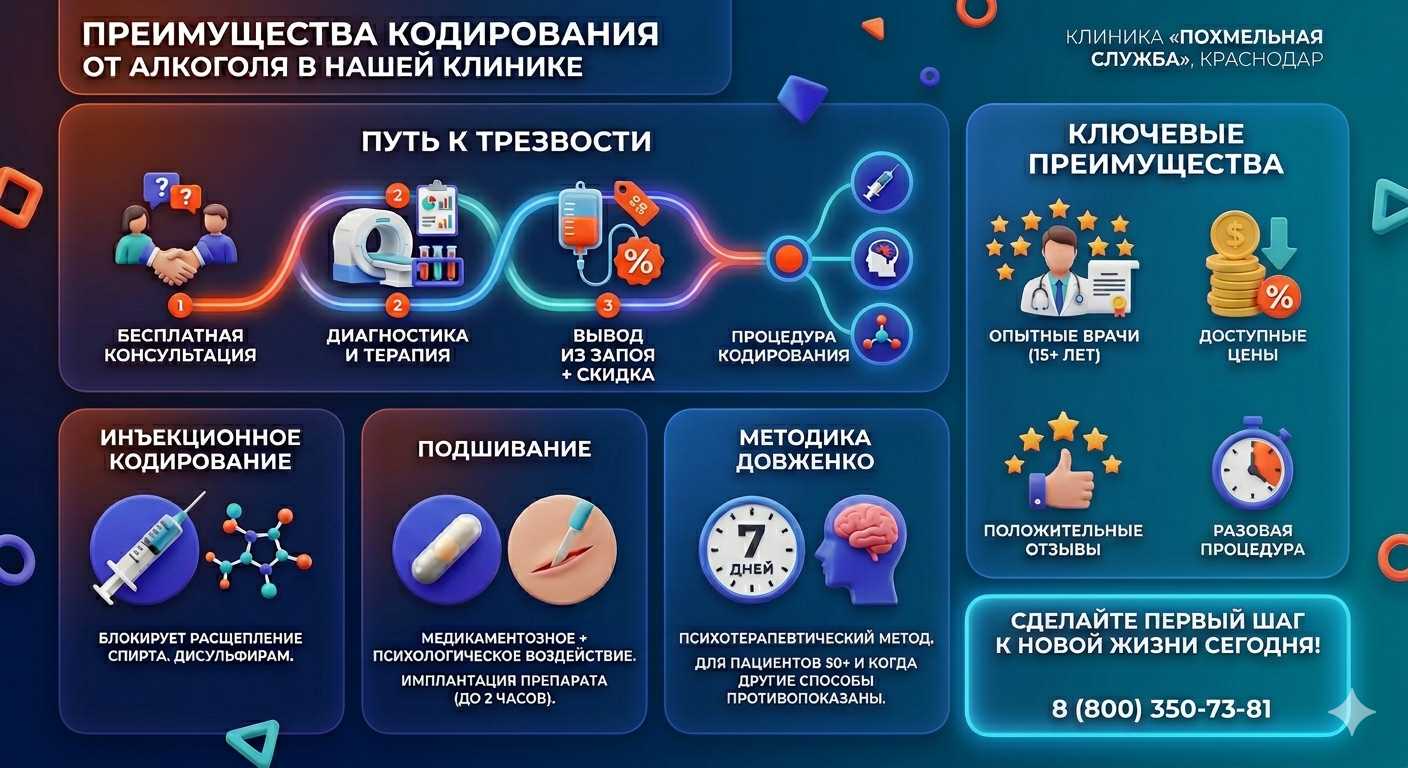 Инфографика о методах кодирования от алкоголя в Бодайбо: инъекции, подшивание, метод Довженко. Преимущества клиники и этапы лечения.